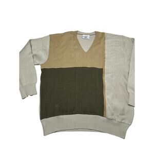 Gabicci Made in Italy Sweater L Colorblock V-Neck Knit Beige Tan Olive Vtg